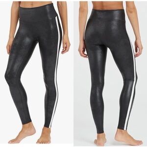 NWT Spanx Women's 20187P black Faux Leather white Stripe Legging 3X